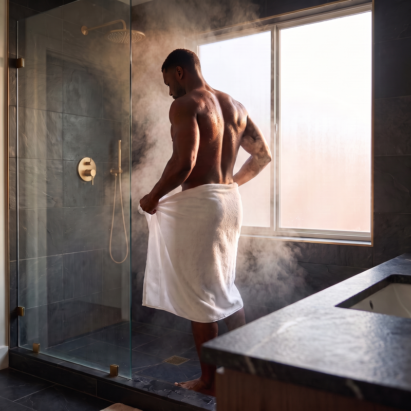 Man stepping out of a steamy shower