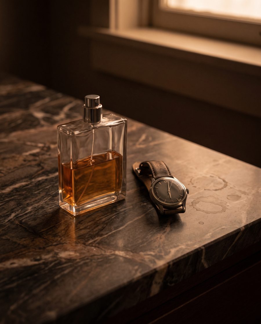 Half-empty cologne bottle next to a watch showing noon